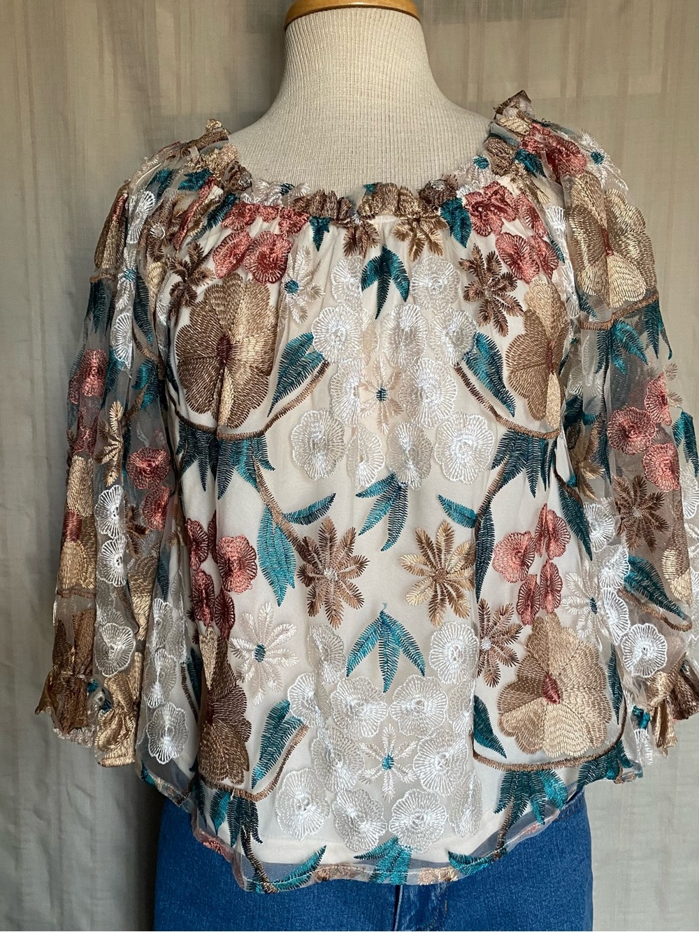Beautiful Embroidered Floral Sheer Peasant Top